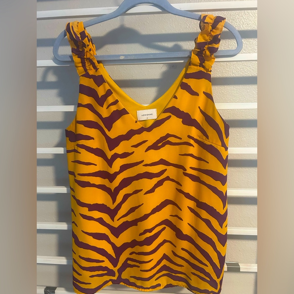 Adrienne Vibrant Yellow and Purple Gold Tiger Striped Top